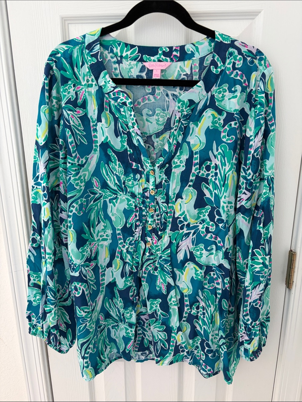 Lilly Pulitzer Teal & Aqua Botanical Lemur Print Pintuck Tunic